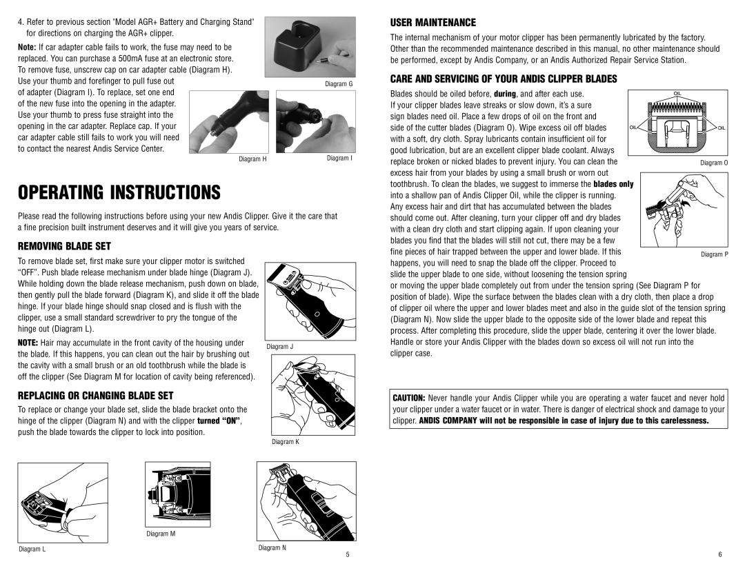 Andis Company 65340 manual Operating Instructions, Removing blade set, Replacing or changing blade set, User maintenance 